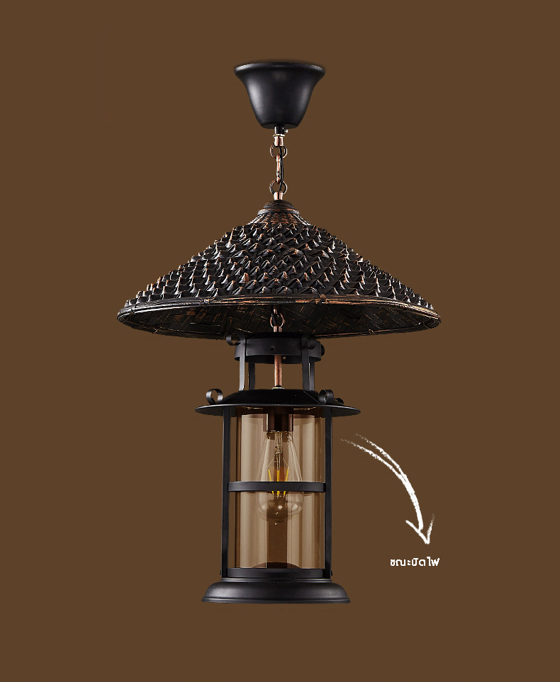 โคมไฟแขวนเพดานเหล็กสไตล์ย้อนยุคทรงหมวกฟางมีครอบแก้ว [LF-8710]