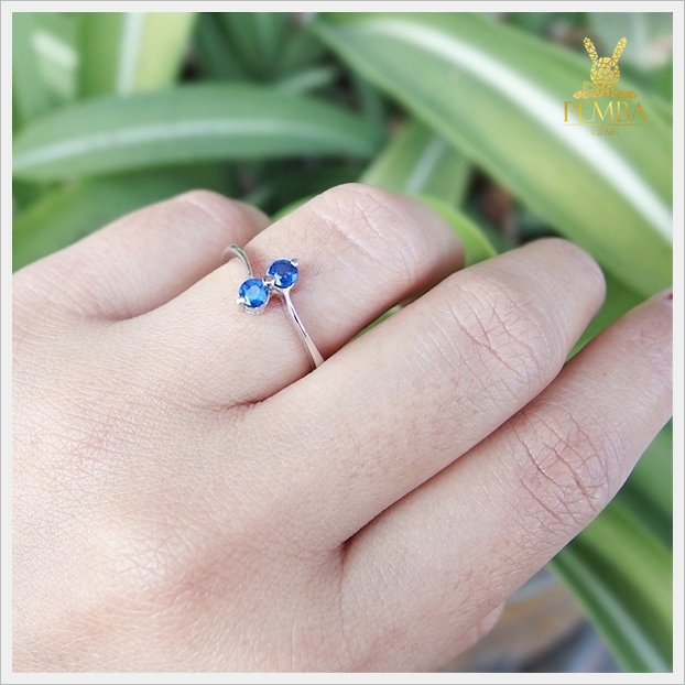 แหวนไพลิน เงินแท้925 ชุบทองคำขาว ใส่ติดนิ้วน่ารักๆ แหวนพลอยแท้