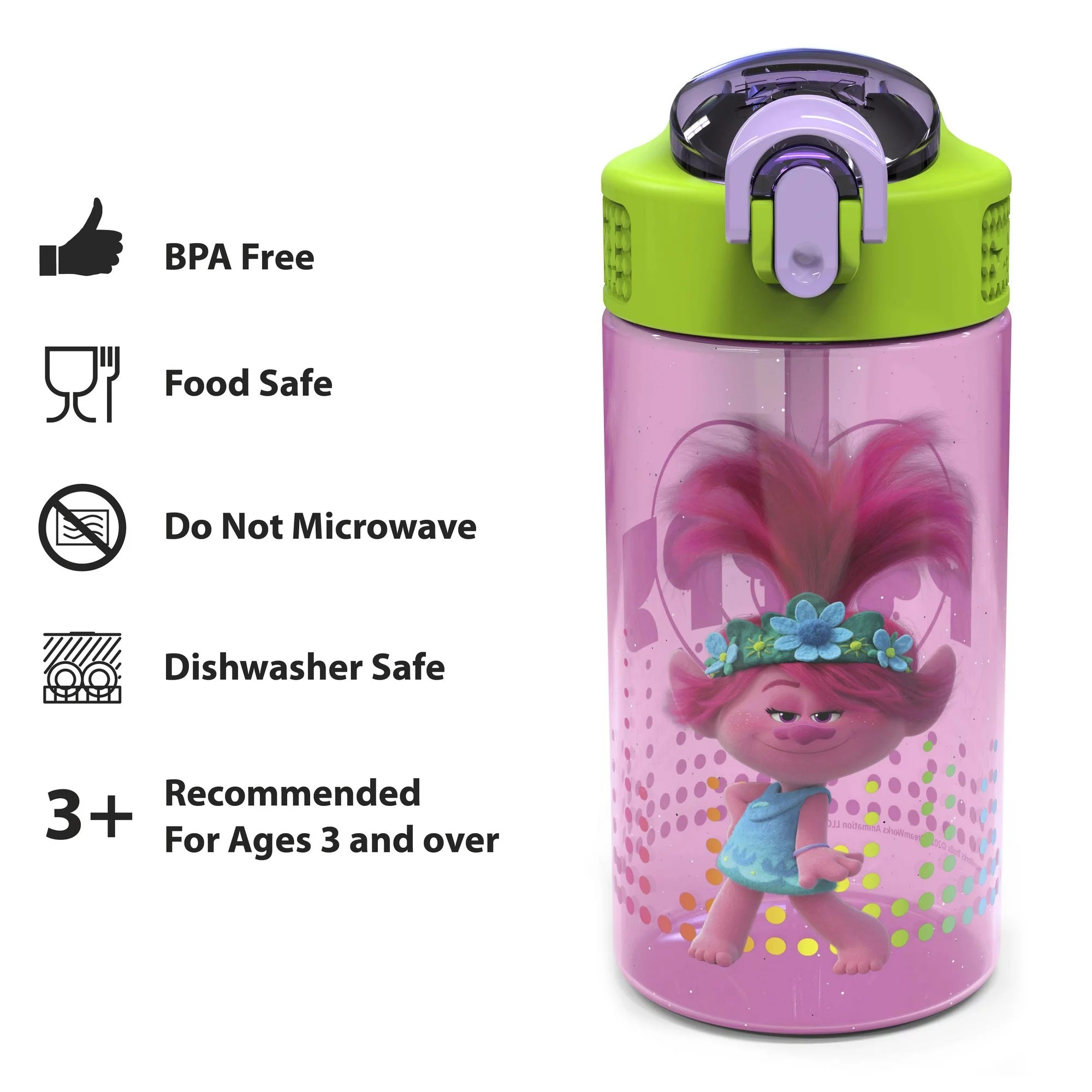 กระติกน้ำพร้อมหลอดดื่มสำหรับเด็ก Zak! Trolls 16 Oz. Reusable Water Bottle with Straw
