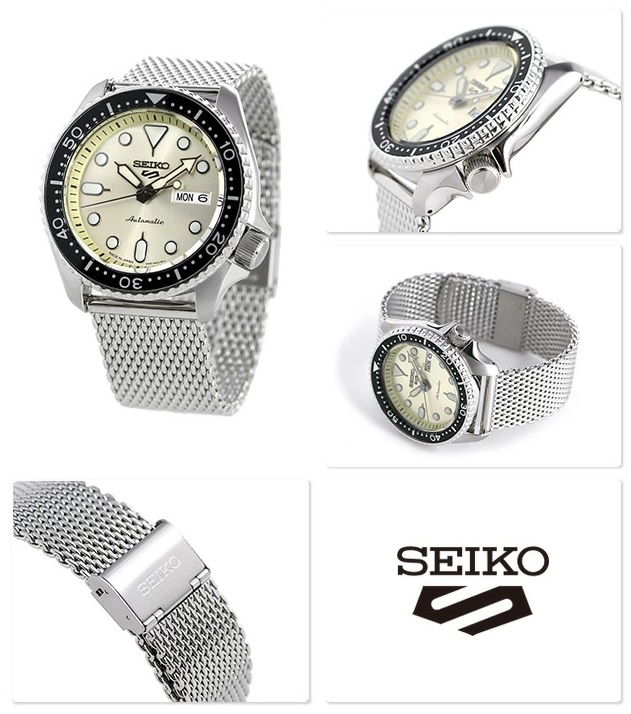 Karnvera Shop นาฬิกาข้อมือผู้ชาย Seiko 5 Sports Champagne Dial Stainless Steel Mesh Automatic SRPE75K1 Mens Watch