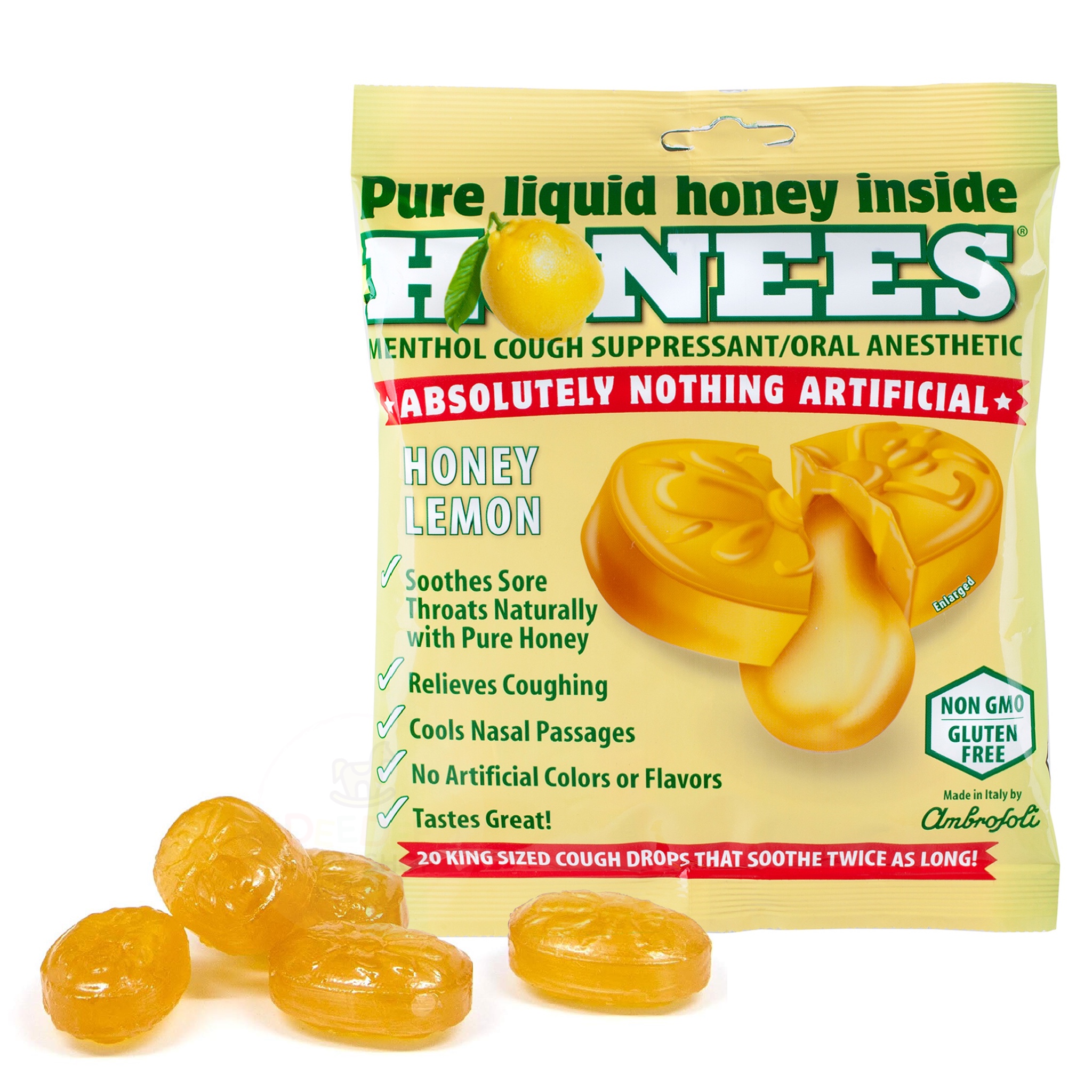 ลูกอมบรรเทาอาการไอ HONEES Lemon Menthol Cough Drops (20 Drops)