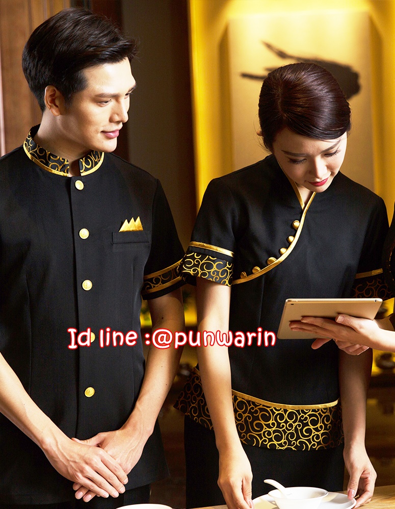 เสื้อฟอร์มพนักงานห้องอาหารโรงแรมรีสอร์ท แขนสั้น F6302005 ดำ S-2XL