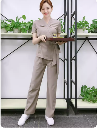 ชุดพนักงานนวดสปา ชุดพนักงานเสริมสวยสปาเท้าชุดฟอร์มพนักงานสปาเล็บ S6705002 น้ำตาล ขาว S-3XL