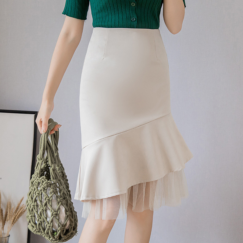 กระโปรงพนักงานทรงเอยาว มีความยืดหยุ่น เอวสูง KQ6811006 สีภาพ M-3XL