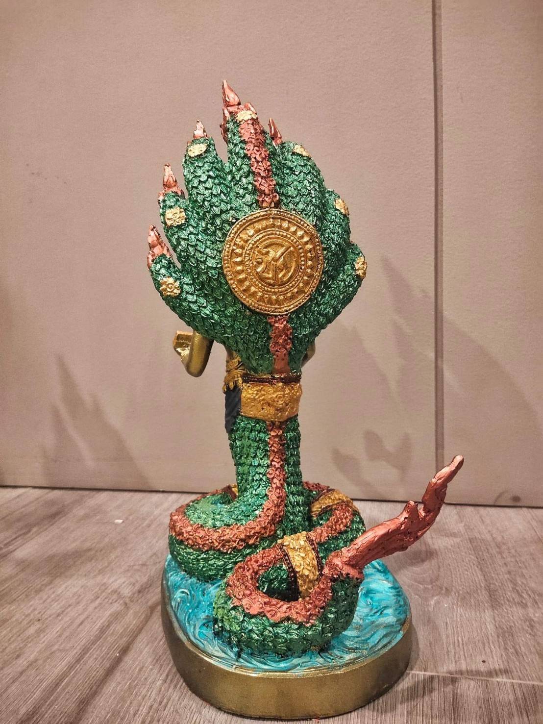 รูปหล่อ พญานาค ปางมนุษย์ครึ่งนาค นาคปรก7หัว (สูง14นิ้ว ฐาน10นิ้ว) เนื้อไฟเบอร์ ลงสี (งานสั่งทำ ขายปลีก ขายส่ง)