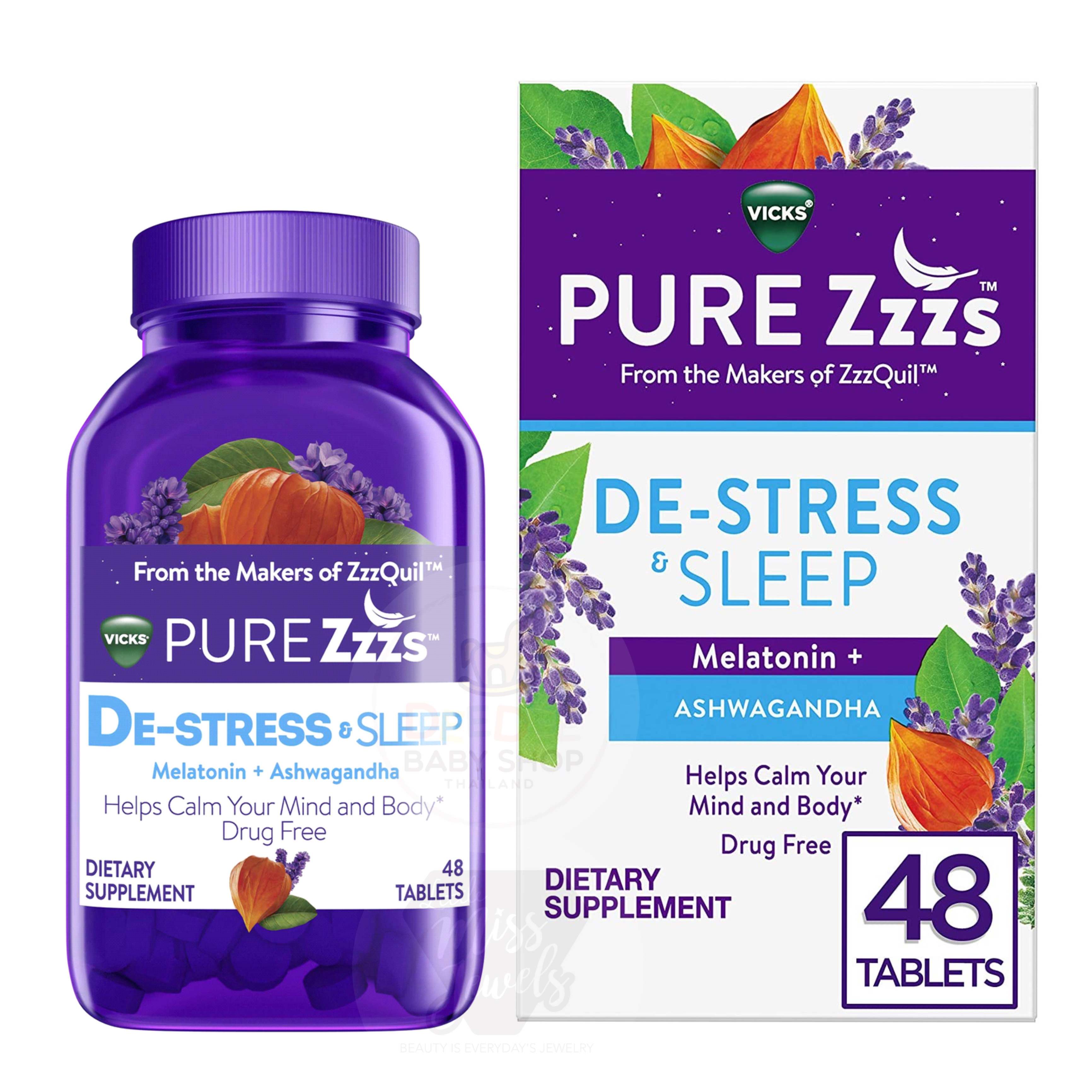วิตามินช่วยการนอนหลับพร้อมคลายความตึงเครียด Vicks PURE Zzzs De-Stress & Sleep Melatonin + Ashwagandha