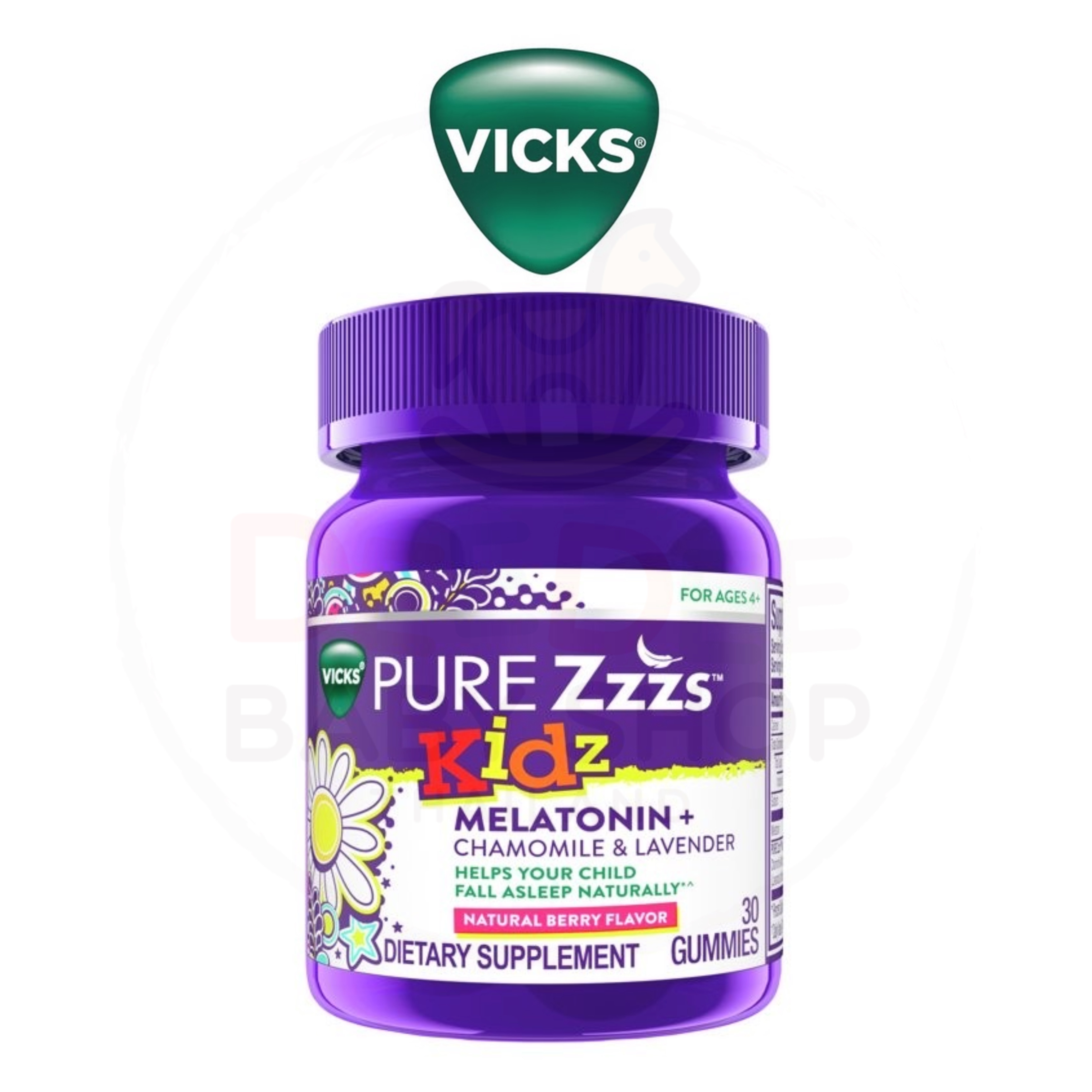 วิตามินช่วยเสริมการนอนหลับสำหรับเด็กชนิดกัมมี่ Vicks PURE Zzzs Kidz Melatonin + Chamomile & Lavender Gummies (30 Gummies)