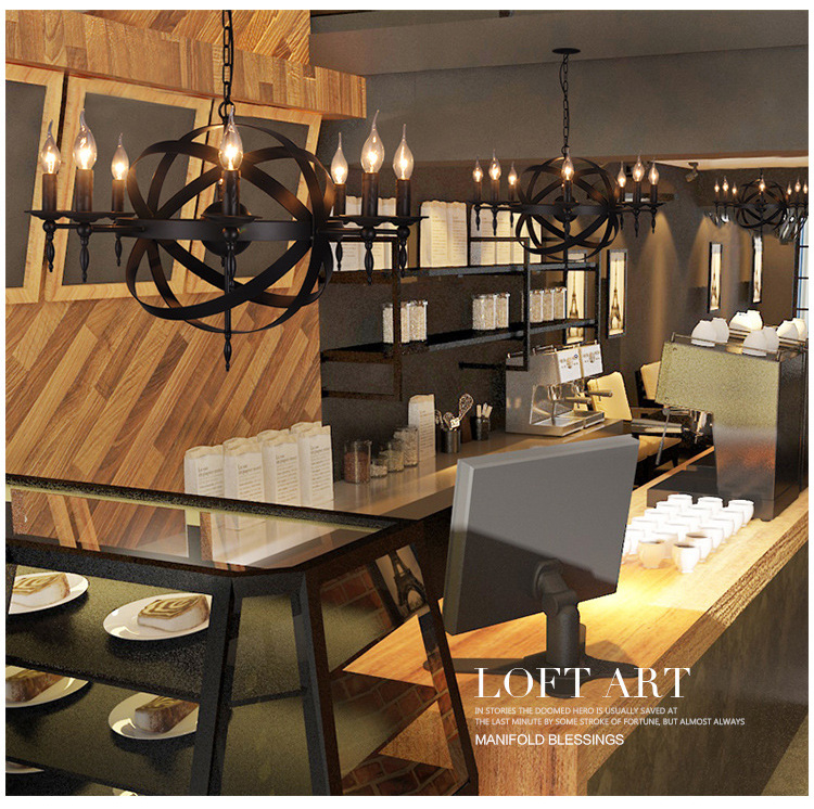 โคมไฟแขวนเพดานเหล็กดัดวงแหวนทรงกลมตกแต่งก้านลายแท่งเทียนสไตล์ Industrial [W8715]