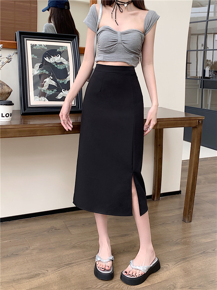 กระโปรงพนักงานทรงเอยาว มีความยืดหยุ่น เอวสูง KQ6811004 สีภาพ S-5XL