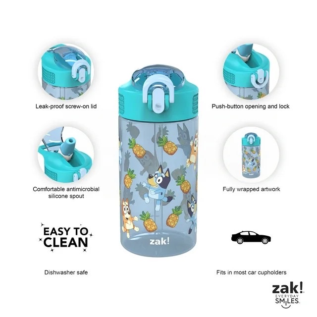 กระติกน้ำพร้อมหลอดดื่มสำหรับเด็ก Zak! Bluey 16 Oz. Reusable Water Bottle with Straw (Blue)