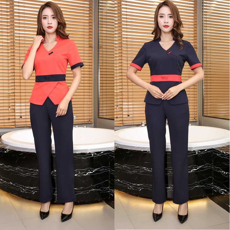 ชุดพนักงานนวดสปา ชุดพนักงานเสริมสวย ชุดทำงาน ชุดสูท S6208007 สีภาพ S-3XL