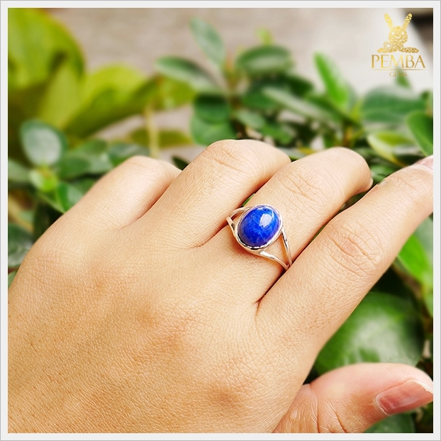 แหวนลาพิสลาซูลี เงินแท้925 ชุบทองคำขาว เรียบๆ ดูดีมีสไตล์