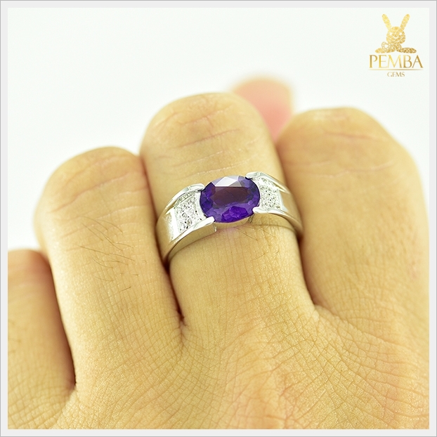แหวนอเมทิสต์แท้ สีม่วงสดใส เงินแท้925 ชุบทองคำขาว เพิ่มความมั่นใจ