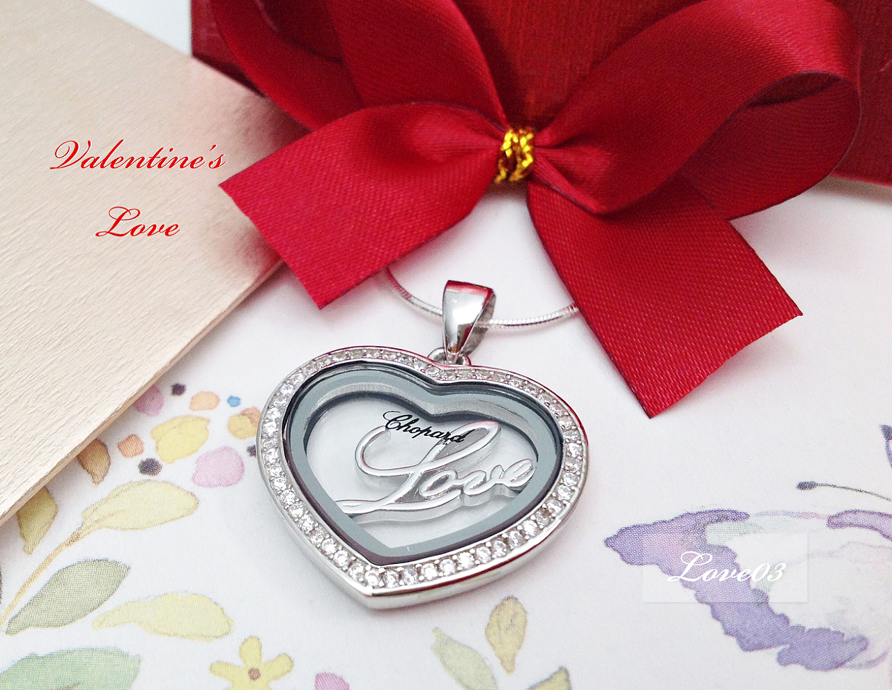 จี้เงินแท้ งานแบรนด์ Chopard จี้หัวใจ Love ด้านข้างประดับเพชร cz รอบหัวใจ