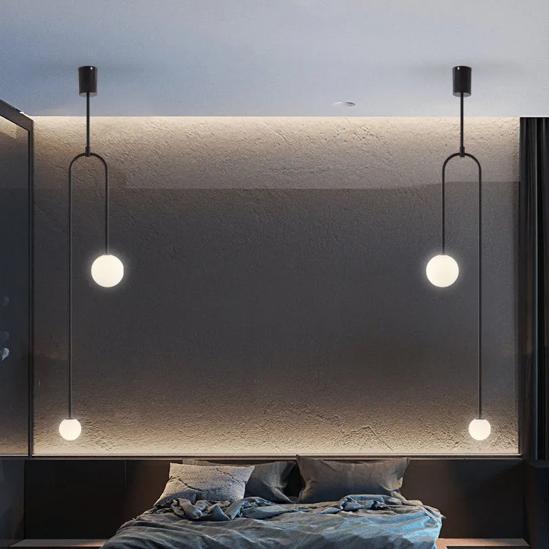 โคมไฟแขวนเพดานเส้นทรงโค้งตัว U คว่ำโป๊ะแก้วสีขาวด้านทรงกลมไฟ 2 ดวง สไตล์โมเดิร์นมินิมอล [UAG-120]