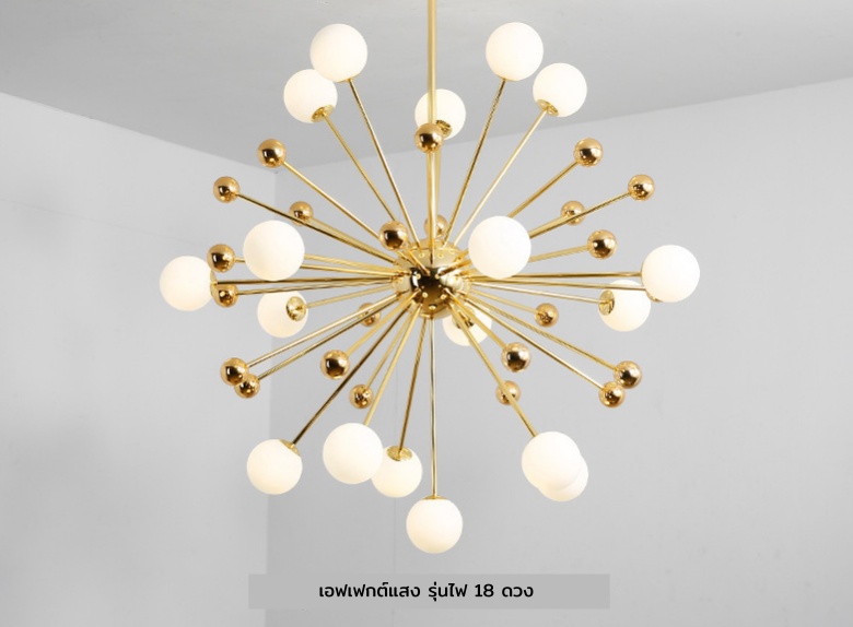 โคมไฟแขวนเพดานโครงสีทอง ทรง Dandelion โป๊ะแก้วสีขาวกลม สไตล์ Northern Europe
