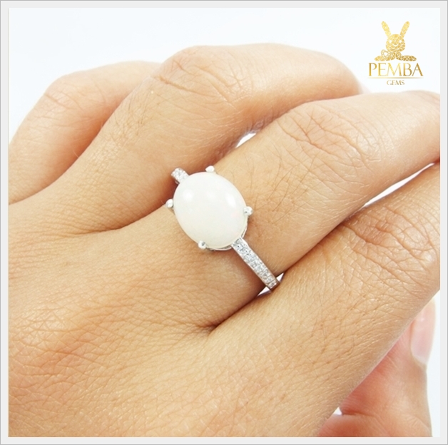 แหวนโอปอลขาว เงินแท้925 ชุบทองคำขาว เหลืองสีรุ้ง แหวนพลอยแท้