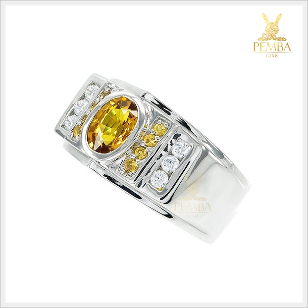 แหวนบุษราคัมแท้ สีเหลืองทอง เงินแท้ ชุบทองคำขาว ใส่เสริมอำนาจบารมี