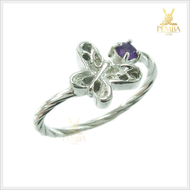 แหวนอเมทิสต์ เงินแท้ ชุบทองคำขาว ดีไซน์รูปผีเสื้อสุดเก๋