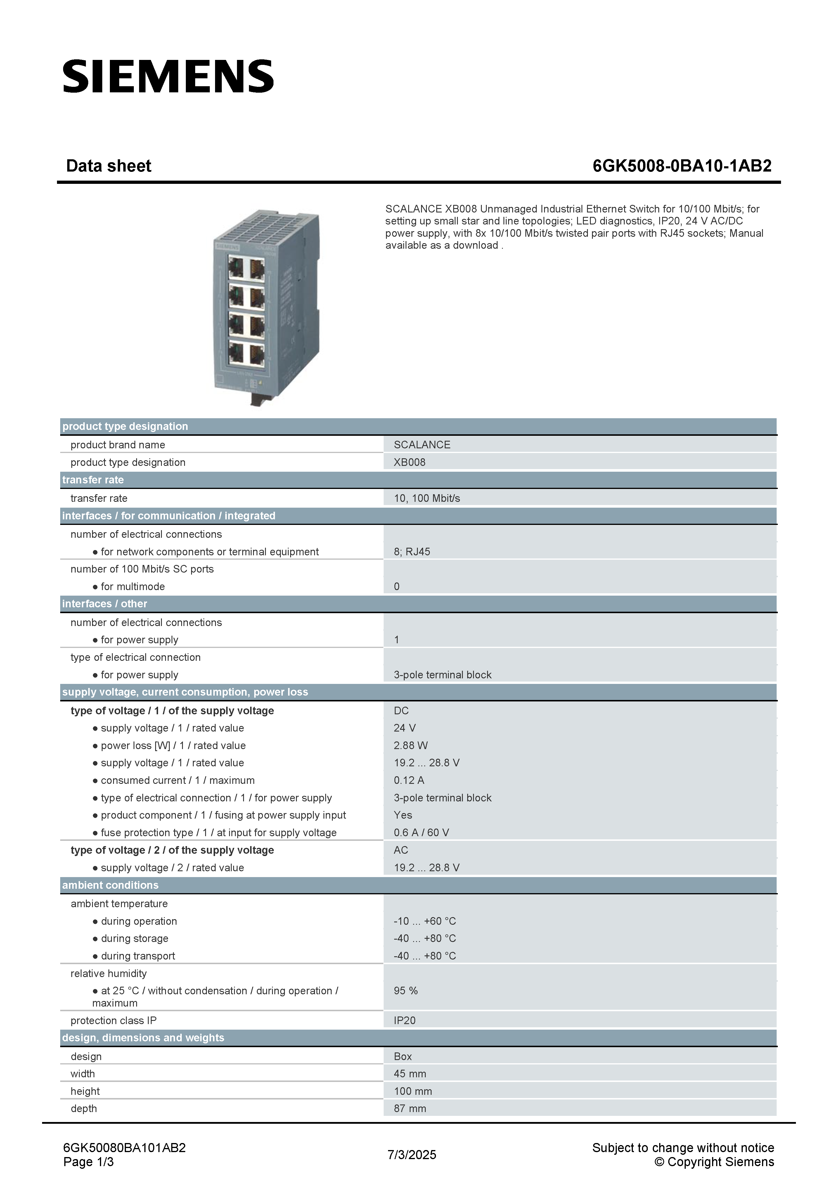 Siemens SCALANCE XB008 Unmanaged Industrial Ethernet Switch -8 Port ( 6GK5008-0BA10-1AB2 )
