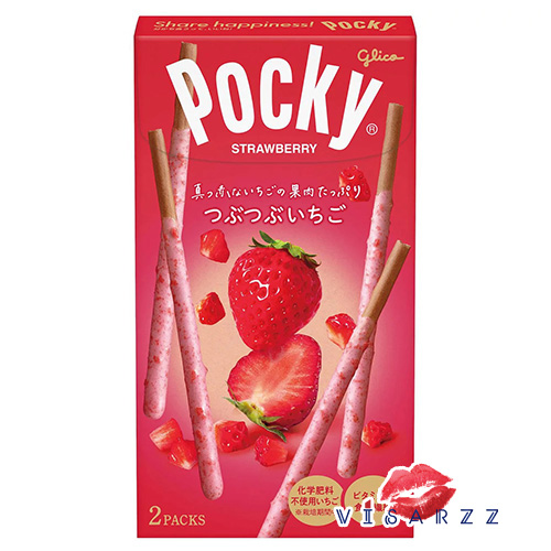 (Crunchy Strawberry) Glico Pocky ป๊อกกี้ กูลิโกะ จากประเทศญี่ปุ่น Japan 1 กล่องมี 2 ซอง บิสกิตแท่งเคลือบหลากหลายรสชาด