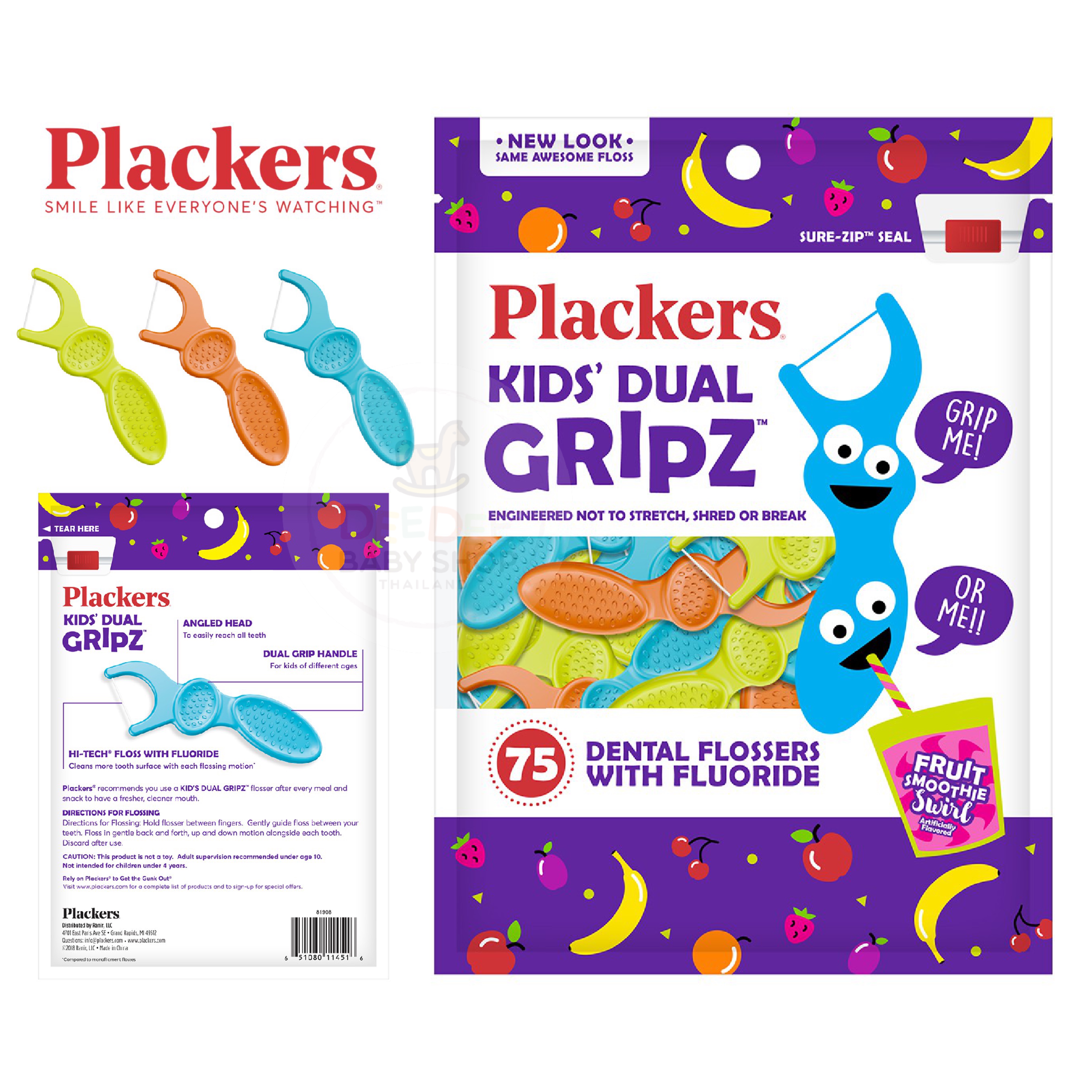 ไหมขัดฟันเคลือบฟลูออไรด์สำหรับเด็ก Plackers Kids' Dual GRIPZ Dental Flossers with Fluoride