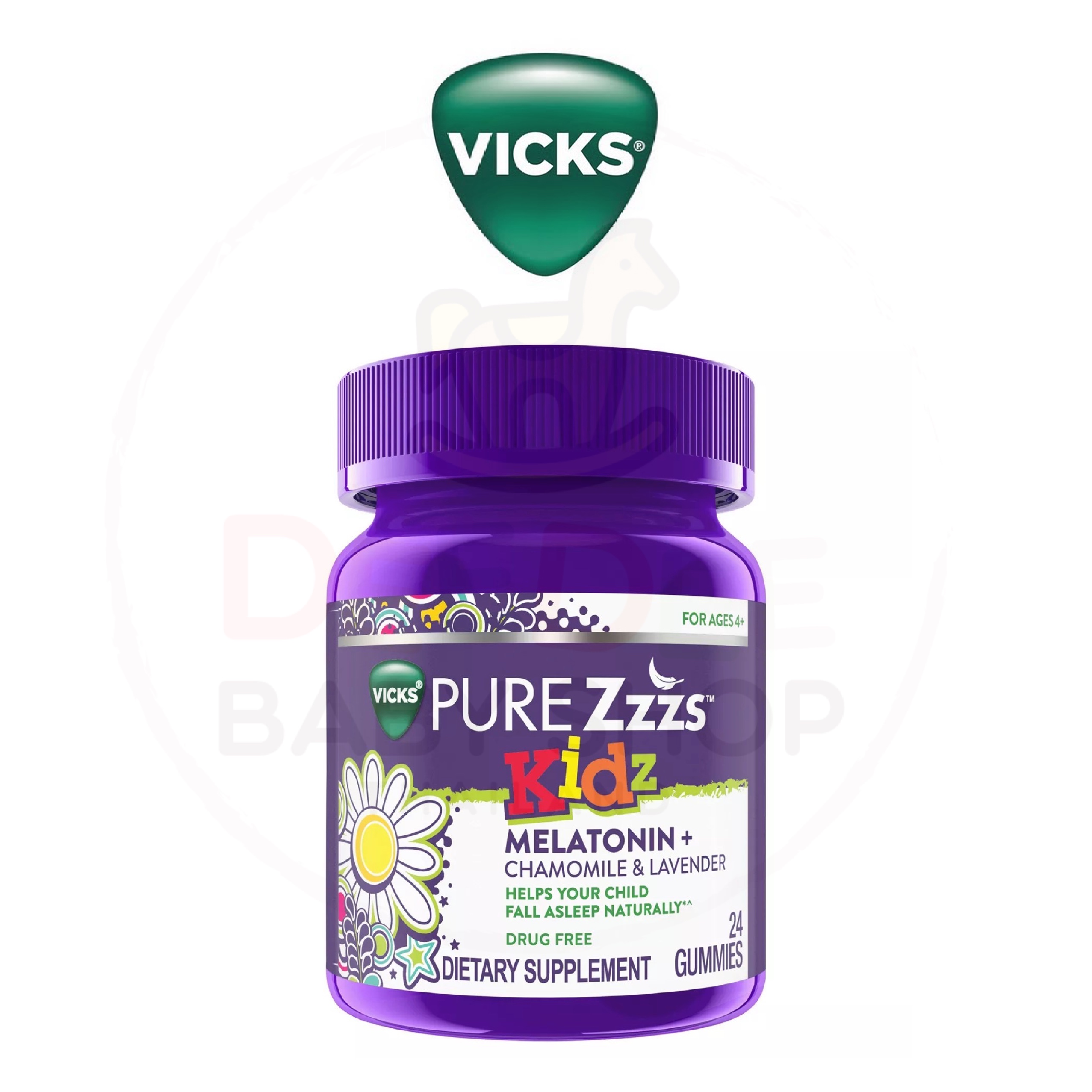 วิตามินช่วยเสริมการนอนหลับสำหรับเด็กชนิดกัมมี่ Vicks PURE Zzzs Kidz Melatonin + Chamomile & Lavender Gummies (24 Gummies)