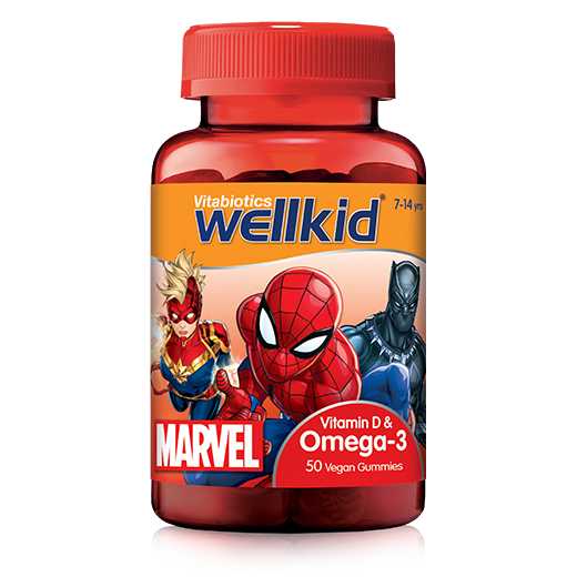 วิตามินเสริมแร่ธาตุโอเมก้า 3 ชนิดกัมมี่สำหรับเด็กโต Vitabioics Wellkid Marvel Omega-3 & Vitamin D