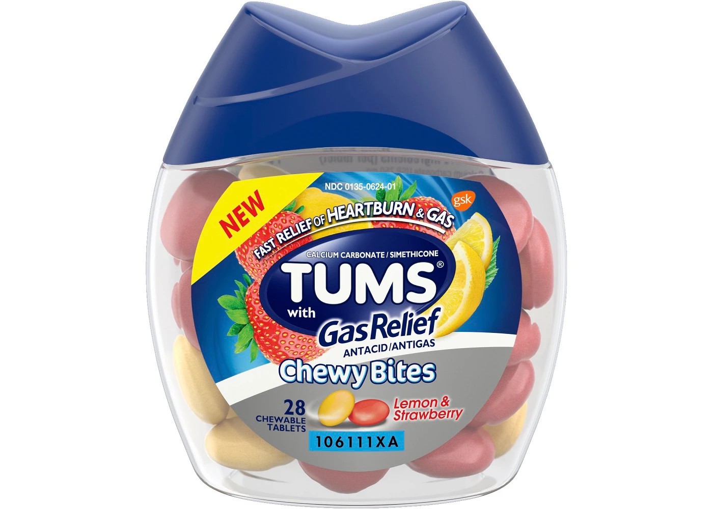 เม็ดเคี้ยวบรรเทาอาการกรดไหลย้อนและก๊าซในกระเพาะอาหาร TUMS Antacid Chewy Bites + Gas Relief - Lemon & Stawberry (28 Chewable Tablets)