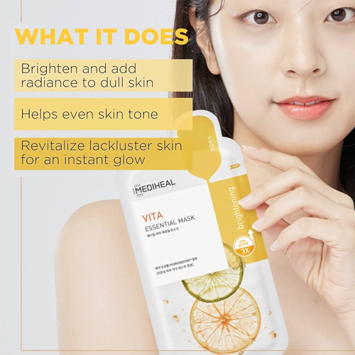 (1 แผ่น) Mediheal Vita Essential Mask 24mL เมดิฮีลแผ่นมาส์กวิตามินซีที่ได้จาก Tangerine ช่วยให้ผิวกระจ่างใสไม่หมองคล้ำ Vitamin B ที่ช่วยเรื่องการปลอบประโลมผิว ทำให้ผิวไม่ระคายเคืองง่ายและ Vitamin E ช่วยให้สีผิวดูสว่าง สร้างความมีชีวิตชีวาให้ผิว