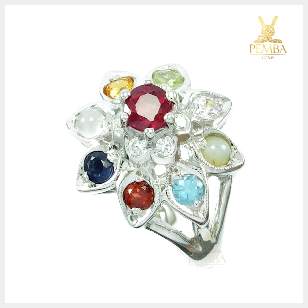 แหวนนพเก้า ตามตำราโบราณ เงินแท้925 ชุบทองคำขาว แหวนพลอยแท้