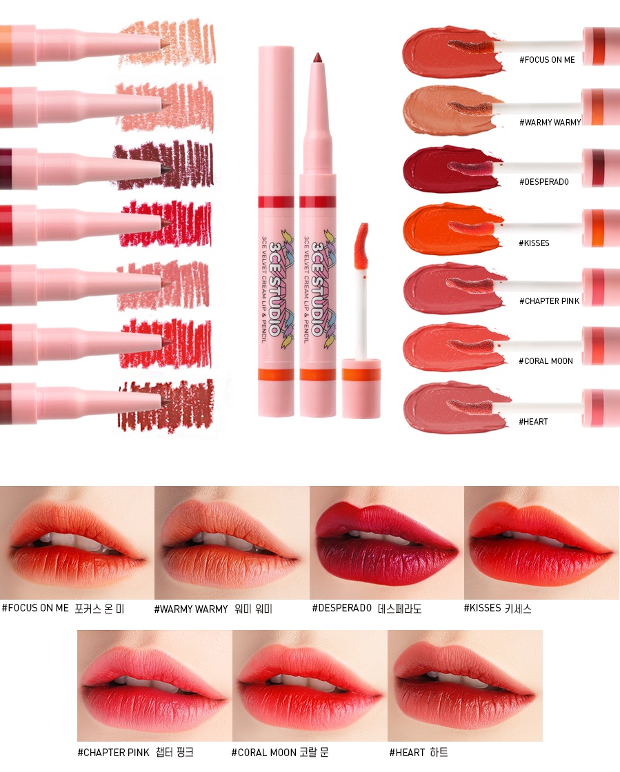 (# Kisses) 3CE Studio Velvet Cream Lip & Pencil ลิปแท่งสองหัว ด้านหนึ่งเป็นแบบจุ่มลิปลิควิดเนื้อ Vetvet อีกด้านเป็นลิปดินสอไว้สำหรับตัดขอบปาก
