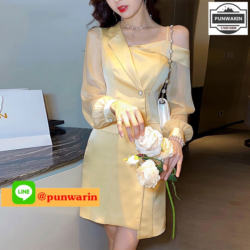 ชุดลำลองวันสบายๆ สาวเกาหลีวัยทำงานชุดเดรสสั้น W6503012 เหลืองอ่อน S-XXL