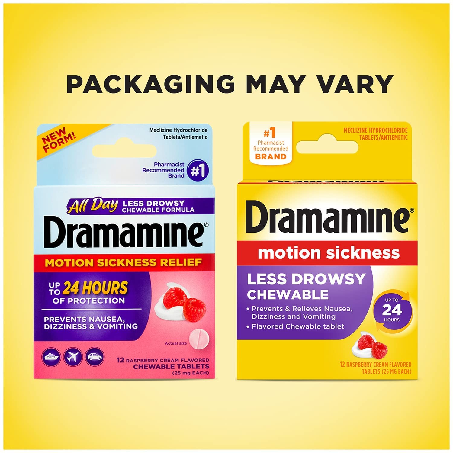 ยาบรรเทาอาการวิงเวียนจากการเดินทางชนิดเคี้ยว Dramamine Motion Sickness Relief - All Day Less Drowsy Chewable Formula