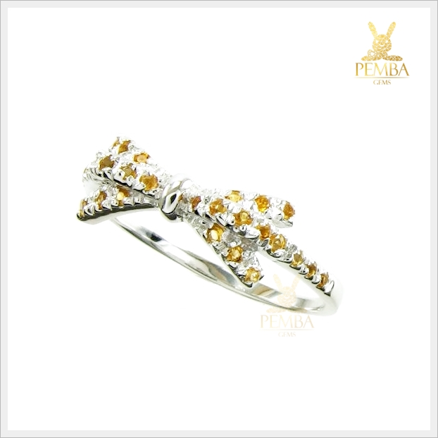 แหวนซิทรินแท้ เงินแท้ ชุบทองคำขาว ดีไซน์รูปโบว์สุดเก๋ แหวนพลอยแท้