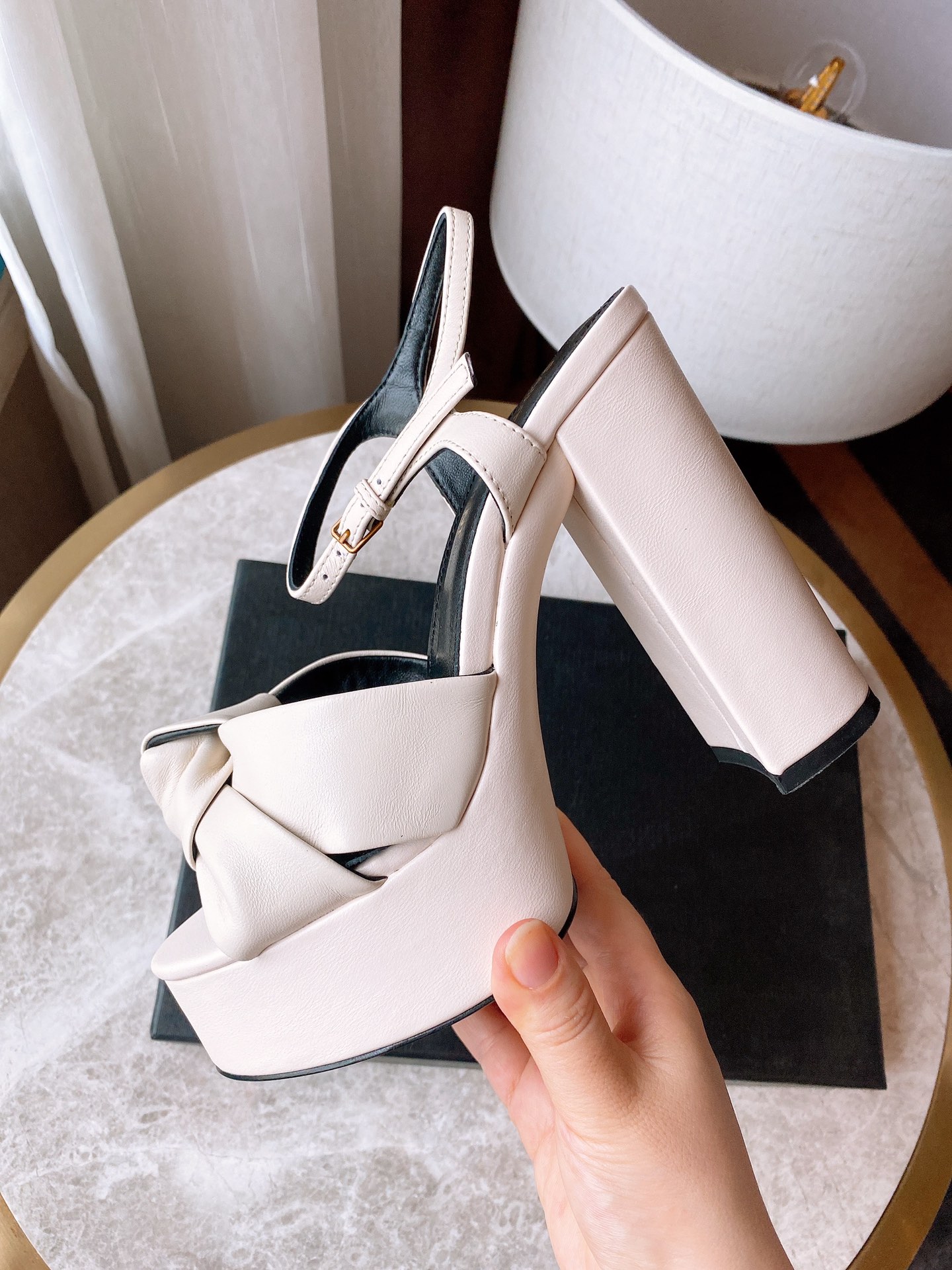 รองเท้าส้นสูง YS ผูกโบว์ หนัง import อิตาลี สูง 12.5 cm ด้านหน้า 4 cm size 35-41