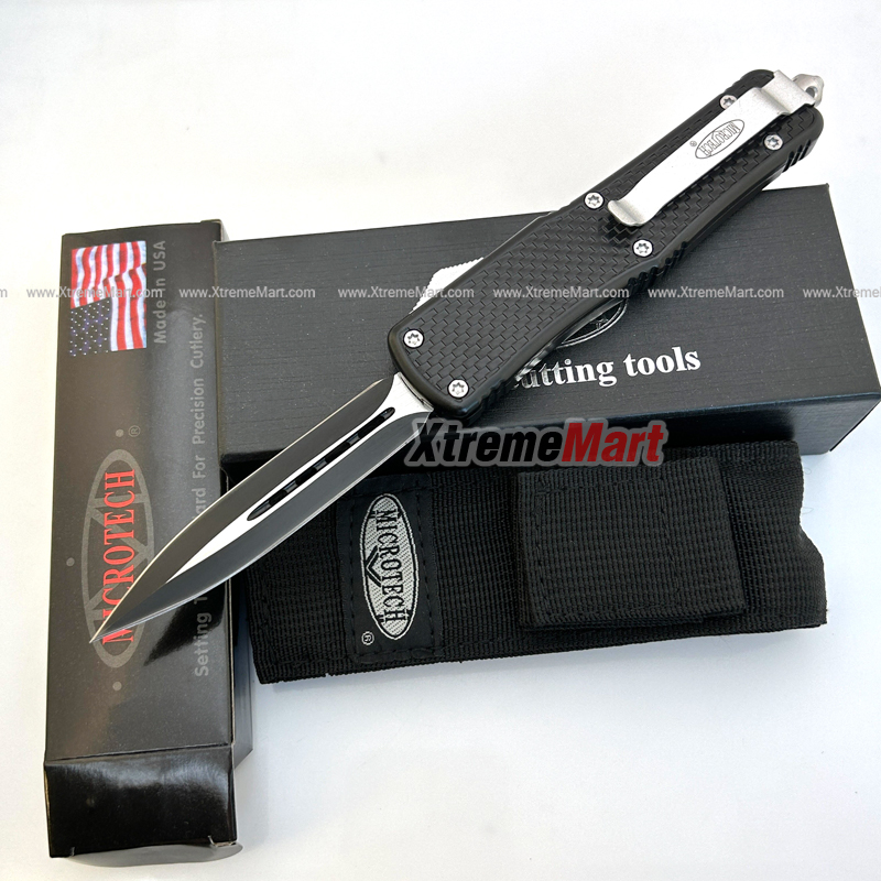 มีดสปริงตรงขนาดใหญ่ Microtech คม 2 ด้าน ด้ามลายตาราง Combat Troodon 00556 D/E Automatic Knife Camping Tool (Dual Front)