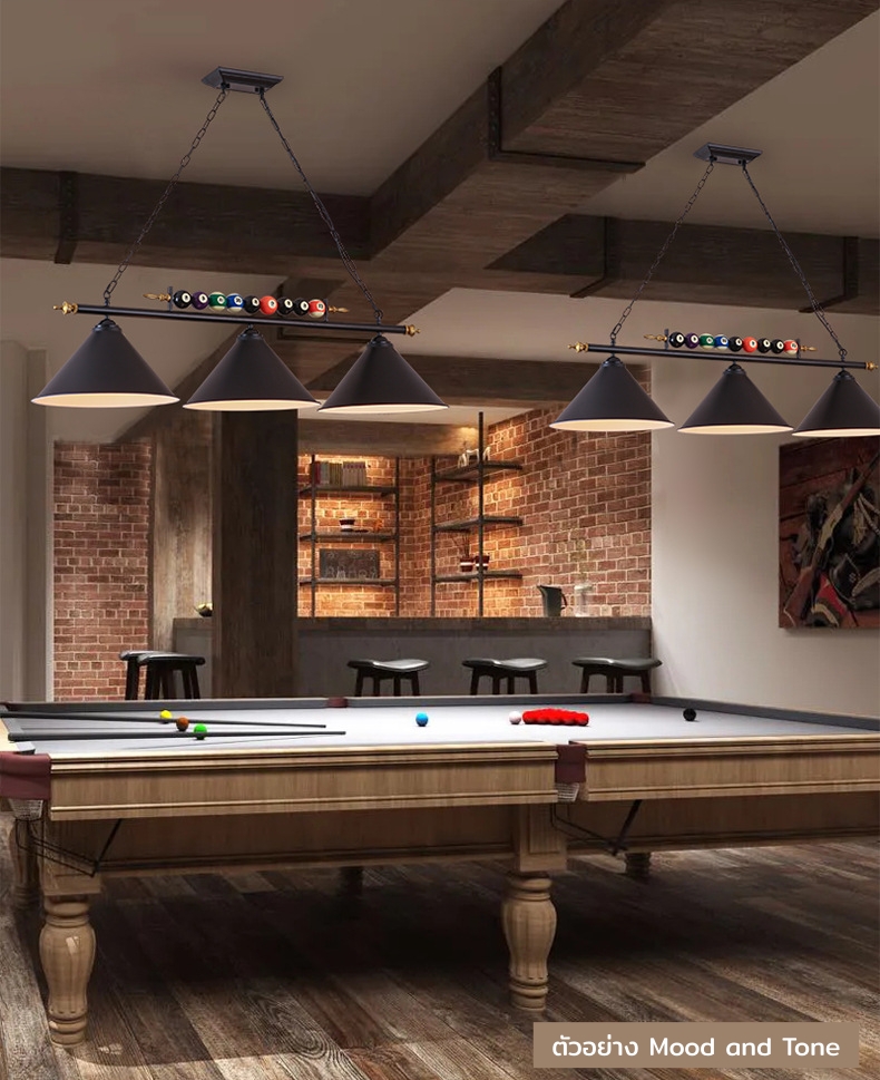 โคมไฟระย้าสไตล์วินเทจอเมริกันไฟ 3 ดวง ยาว 1.2 เมตร โป๊ะโคมทรงกรวยตกแต่งด้วยลูกบิลเลียด [BIC-230901]