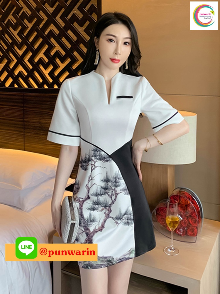 ชุดพนักงานนวดสปา ชุดพนักงานเสริมสวย ชุดทำงาน ชุดสูท แขนสั้น SK6411001 สีภาพ S-3XL