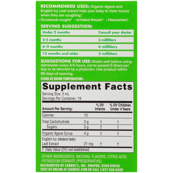 สมุนไพรบรรเทาอาการไอและลดน้ำมูกสำหรับทารกและเด็กเล็ก ZARBEE'S Naturals Baby's Cough Syrup + Mucus