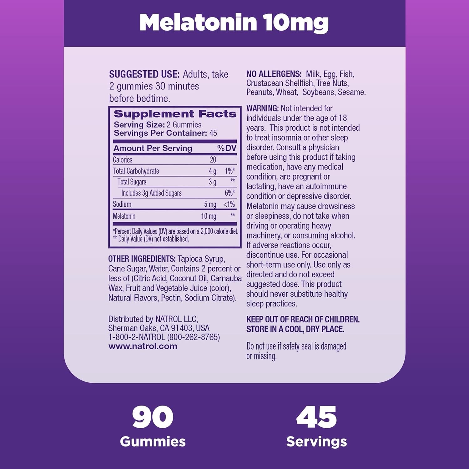กัมมี่เสริมการนอนหลับสำหรับผู้ใหญ่ NATROL Sleep Melatonin Gummies 10mg (90 Gummies)