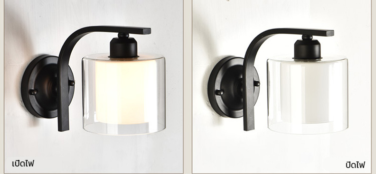 โคมไฟติดผนังสีดำโป๊ะแก้วใสทรงกระบอกสั้น [SND-2033-Black]