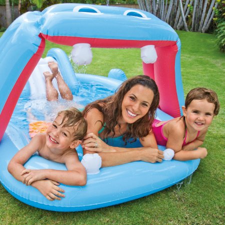 สระน้ำเป่าลมพร้อมสไลเดอร์และน้ำพุ Intex Hippo Play Center