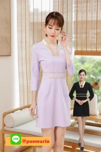 ชุดพนักงานนวดสปา ชุดพนักงานเสริมสวย ชุดพีอาร์ พนักงานต้อนรับ SKU-00670 ม่วง ดำ S-3XL