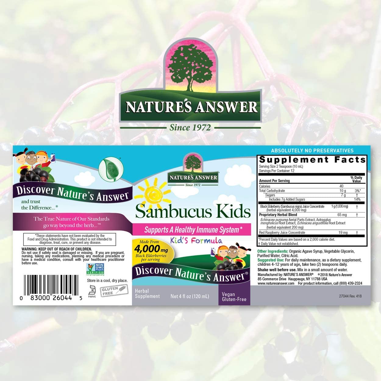 วิตามินเสริมภูมิคุ้มกันสำหรับเด็ก Nature's Answer Sambucus Kid's Formula - Infused with Echinacea & Astragalus (240ml.)