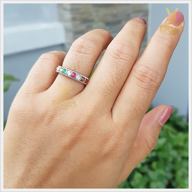 แหวนนพเก้า ตามตำราโบราณ เงินแท้925 ชุบทองคำขาว แหวนพลอยแท้