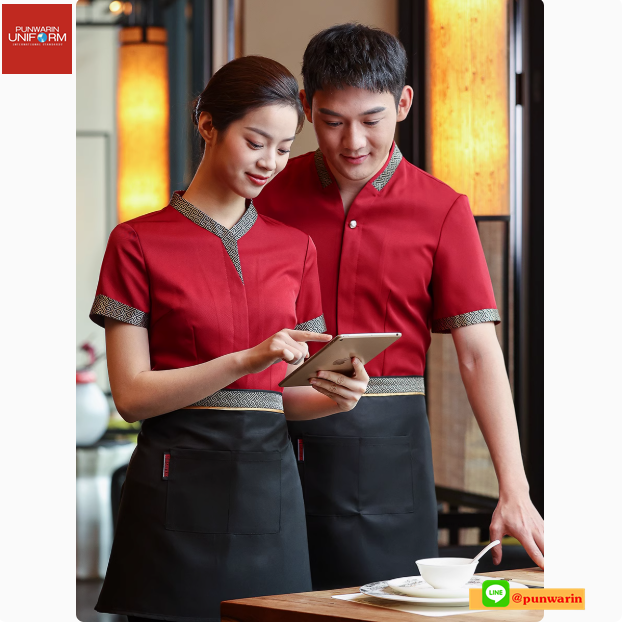 เครื่องแบบชุดฟอร์มพนักงานร้านอาหารกาแฟโรงแรม ชุดพนักงานต้อนรับ แขนสั้นกระดุมหน้า แต่งโบว์ไทด์ดูดีมีระดับ F6804001 แดง M-3XL