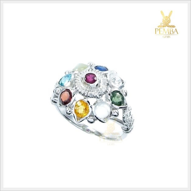 แหวนนพเก้าแท้ ตามตำราโบราณ เงินแท้925 ชุบทองคำขาว