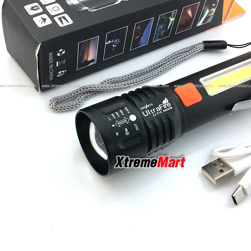 ชุดเซตไฟฉายซูม Ultrafire หลอด XHP-50 + COB รุ่น P16 38000W แสงขาว 2000LM 4โหมด พร้อมแบตเตอรี่และสายชาร์จ USB