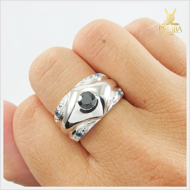 แหวนนิลแท้ เงินแท้925 ชุบทองคำขาว เสริมดวงโชคลาภ